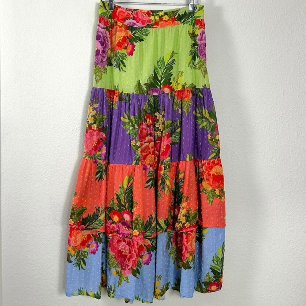 Farm Rio Tropical Floral Patchwork Tiered Floral Maxi Skirt Size Large Bohemian - Picture 5 of 13